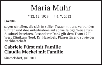 Traueranzeige von Maria Muhr von Pegnitz-Zeitung